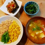 三色丼と根菜の煮物
