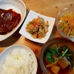 サバの味噌煮、高野豆腐の炒り煮、せん切り野菜のサラダの献立