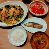 小松菜と春雨の炒め物、ブリ